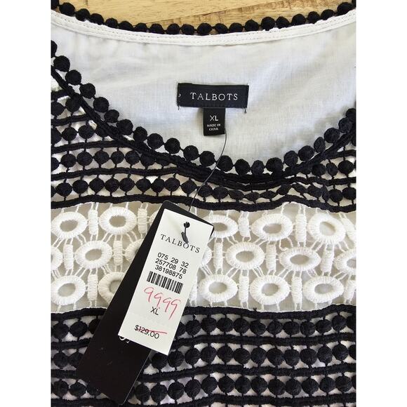 Talbots Eyelet Crocheted Black & White Striped Blouse 3/4 Sleeve Size XL NWT - Picture 5 of 9